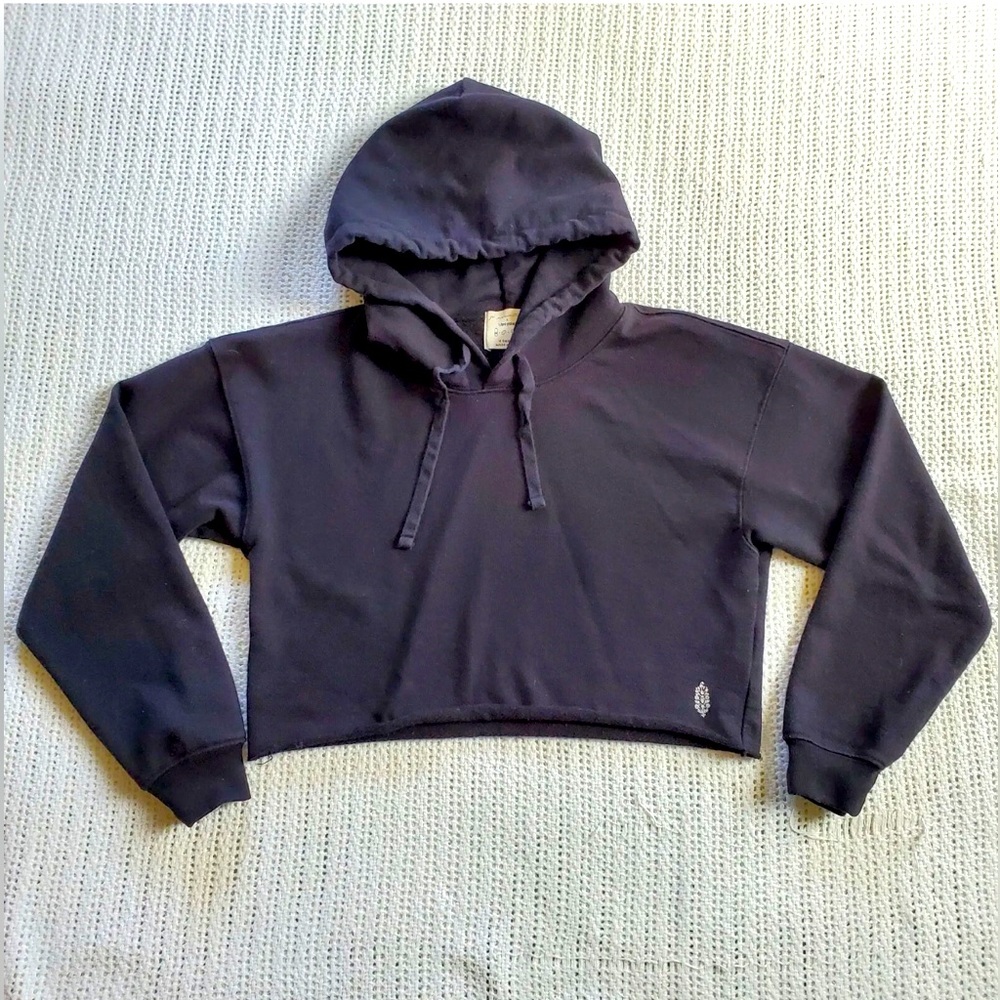FREE PEOPLE Movement Upcycle Women's XS Black Raw Hem Crop Hoodie Sweatshirt